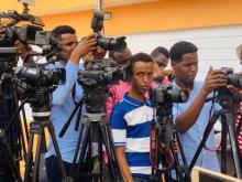Somali journalists gather to cover a press conference. Photo: Somali Journalists Syndicate 